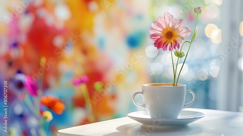 cup of coffee with pink flower on table with colorful background, leaf green white yellow orange