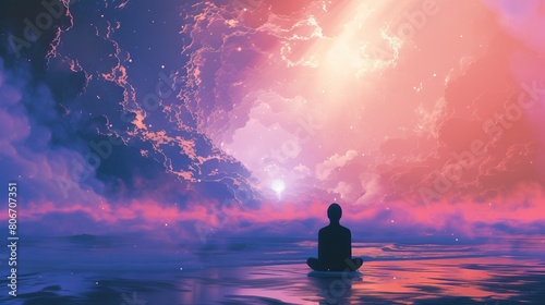 Meditation under Cosmic Skies. A person meditating on a serene water surface under a vibrant pink and purple sky with dynamic cloud formations. photo