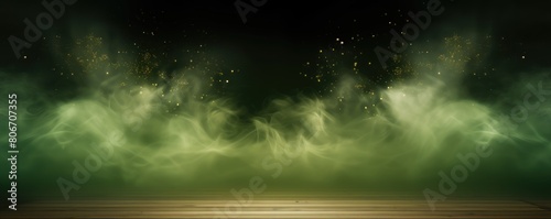 Olive smoke empty scene background with spotlights mist fog with gold glitter sparkle stage studio interior texture for display products blank 