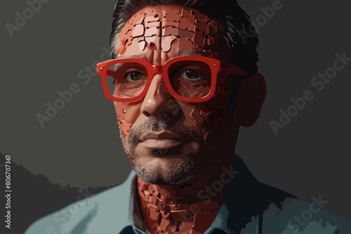 Ein Männerportrait. Aufgerissene, grobe, rötliche Haut, mit roter Brille. Neurodermitis. Vektor - Grafik photo