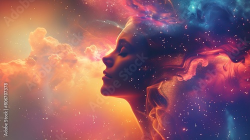 Cosmic Beauty. A surreal portrait of a woman with her profile merging into a vibrant cosmic sky, featuring clouds and stars, symbolizing a blend of human and universe. photo