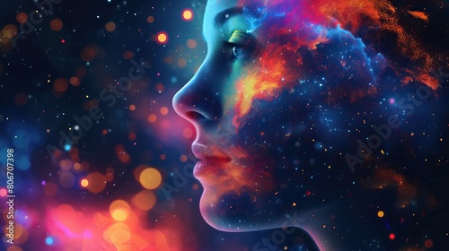 Wallpaper Mural Cosmic Beauty. A surreal portrait of a woman with her profile merging into a vibrant cosmic sky, featuring clouds and stars, symbolizing a blend of human and universe. Torontodigital.ca