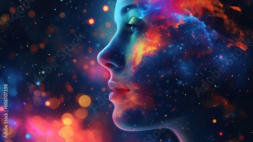 Cosmic Beauty. A surreal portrait of a woman with her profile merging into a vibrant cosmic sky, featuring clouds and stars, symbolizing a blend of human and universe.