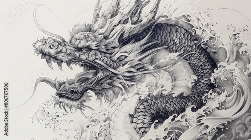 Detailed Japanese tattoo art featuring a powerful dragon  with intricate scales and waves  symbolizing strength  on a clean background