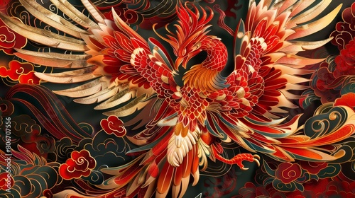 Detailed image of a traditional Japanese phoenix tattoo, symbolizing rebirth and fire, with rich red and gold hues on an isolated background photo