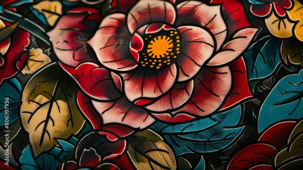 Detailed close-up of a traditional tattoo featuring old-school roses with bold black outlines and solid vibrant colors, inspired by classic American tattoo art, isolated background