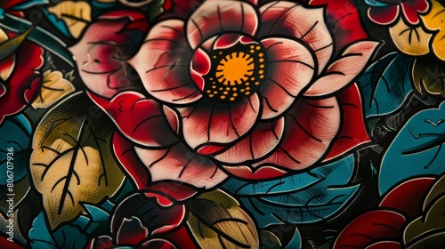 Detailed close-up of a traditional tattoo featuring old-school roses with bold black outlines and solid vibrant colors, inspired by classic American tattoo art, isolated background © Paul