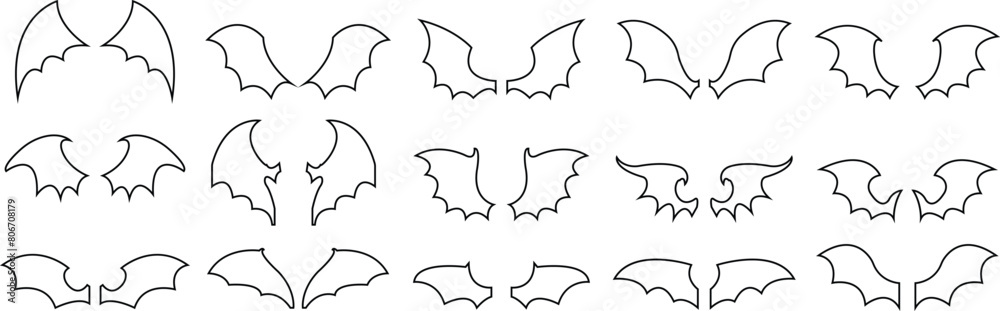 dark wing set silhouette evil devil in the shadows Scary bat wings on Halloween night. Bat logo animal and vector, wings, halloween, vampire, gothic design bat icon isolated on transparent background.