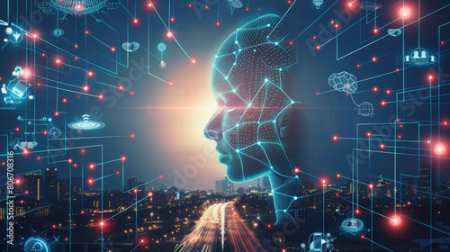 Digital representation of artificial intelligence with a human-like face overlaying a smart city network, symbolizing the integration of AI in urban management and technology.