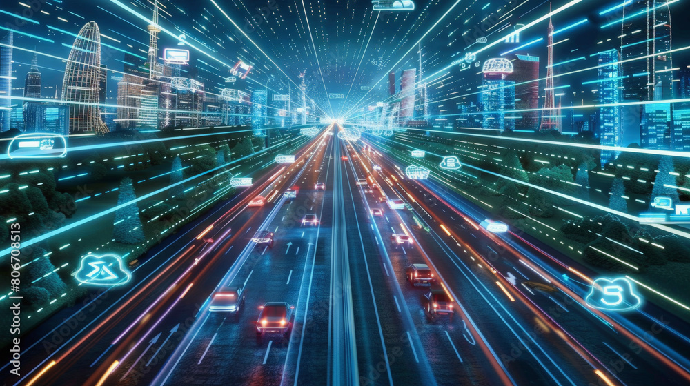 A futuristic cityscape with holographic elements and dynamic light trails on multileveled highways indicating fast-moving traffic in a technologically advanced urban environment.