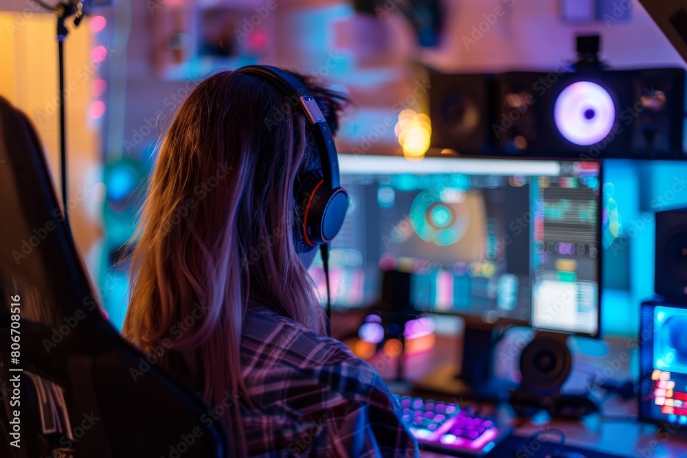 Fototapeta premium portrait illustration of a young woman indoor recording a podcast or streaming online on her laptop and multiple screens