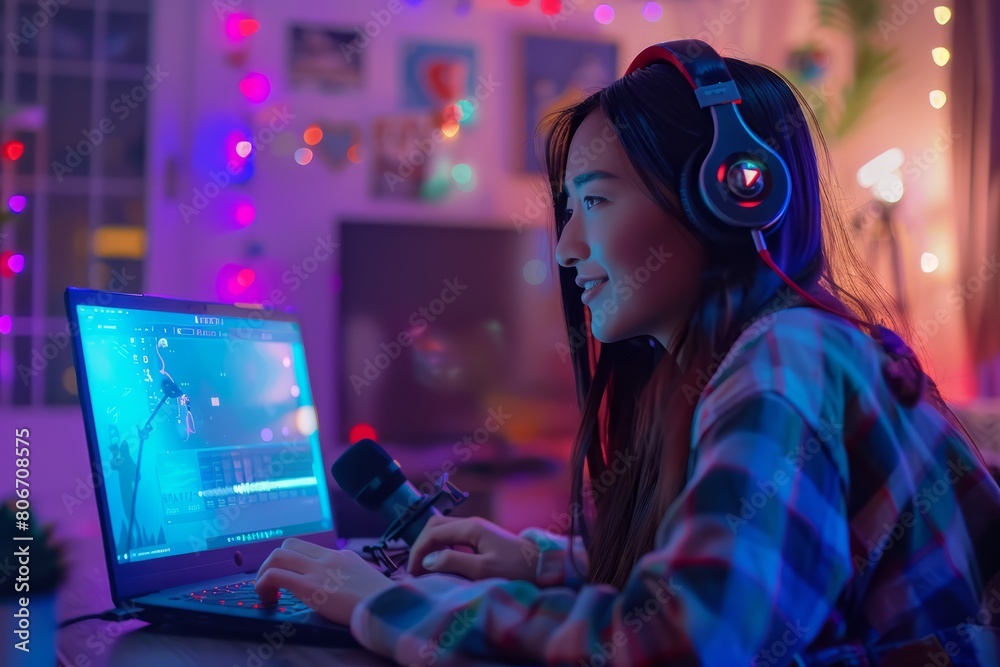 portrait illustration of a young woman indoor recording a podcast or streaming online on her laptop and multiple screens portrait illustration of a young woman indoor recording a podcast or streaming online on her laptop and multiple screens