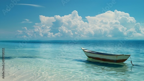  A captivating beach setting with crystal-clear blue waters and a stunning boat gliding serenely on the tranquil sea. 