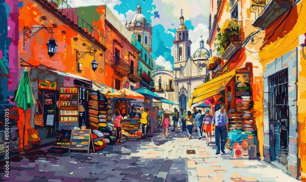 Fototapeta premium Drawing of a busy market in the morning