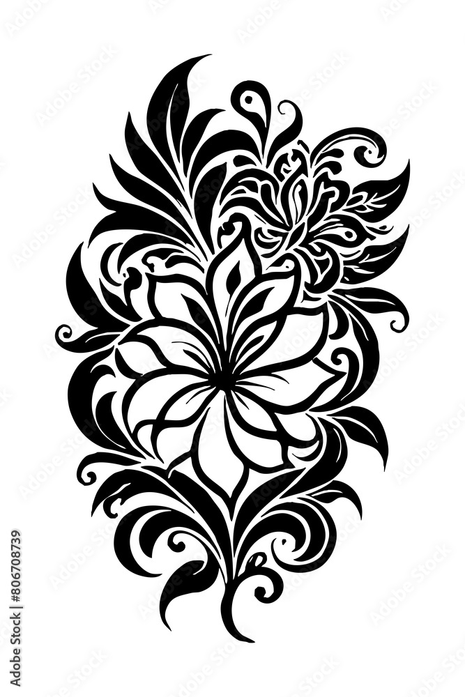 Botanical black and white pattern. For use on tattoos, posters, textiles, T-shirt printing. Generated by Ai