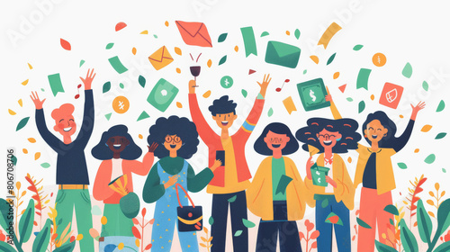 Illustration of a diverse group of joyful people celebrating with confetti, envelopes, and coins in the air, symbolizing success, communication, and financial achievement.