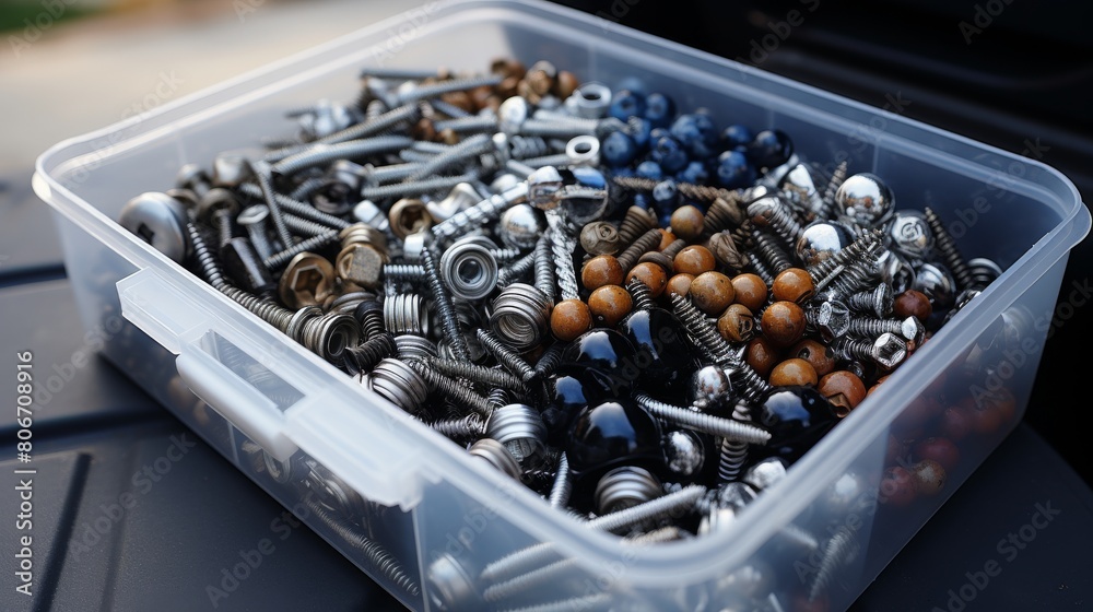 Overflowing plastic container with assorted screws of varying sizes and shapes Overflowing plastic container with assorted screws of varying sizes and shapes