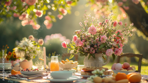 Elegant outdoor table setting for a garden party surrounded by blooming flowers and soft sunlight.