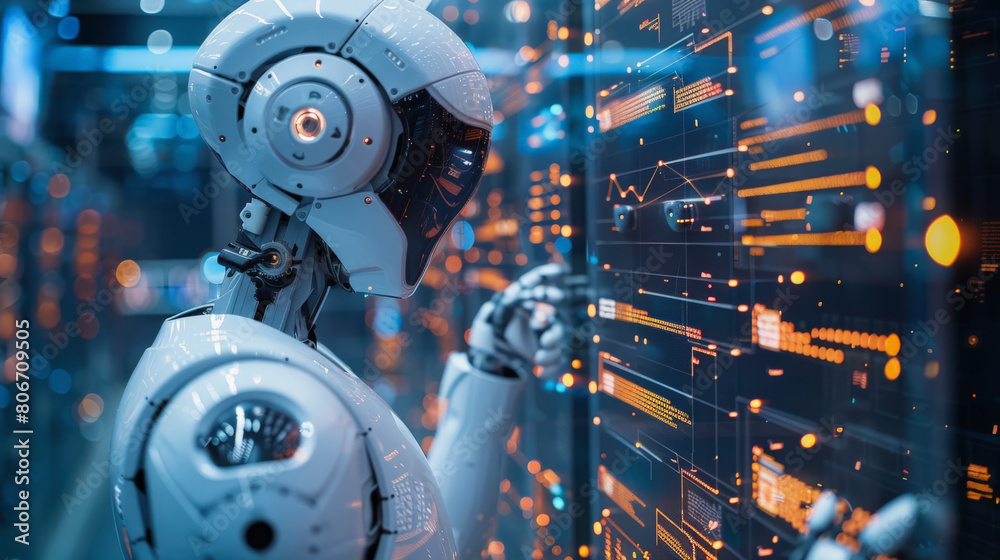 A humanoid robot with a highly detailed design is examining or interacting with a futuristic interface displaying graphs and data on a digital screen. A humanoid robot with a highly detailed design is examining or interacting with a futuristic interface displaying graphs and data on a digital screen.