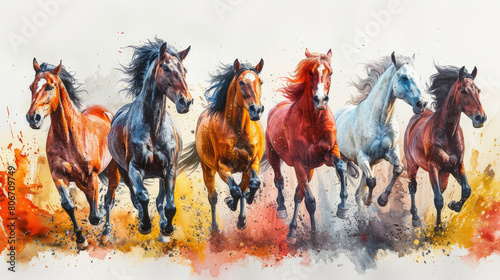 An artistic watercolor painting of six vibrant horses running, splashes of paint creating a dynamic and lively representation of movement and freedom. © Na-No Photos