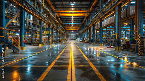 Empty industrial warehouse showcasing safety lanes and logistic equipment in a large facility.