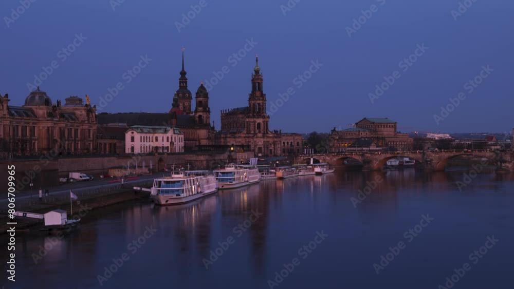 Timelapse from night to day of Elbe river and Dresden skyline Timelapse from night to day of Elbe river and Dresden skyline
