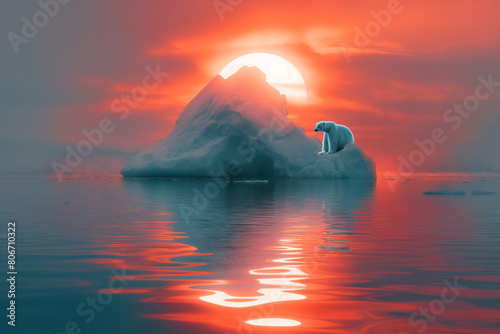 Surreal Arctic Sunset with Polar Bear on Iceberg