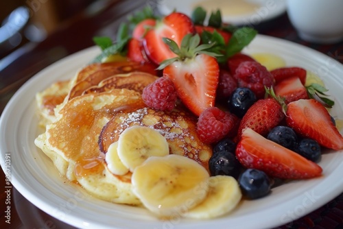 Cheese pancakes served on a bed of fresh fruit
