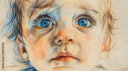 A close up of a baby's face. The baby has light blue eyes, a small nose, and a slightly open mouth. photo