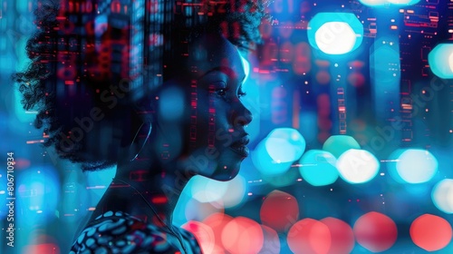  A black woman in profile with computer code and data visualizations overlaying her face  overlaying digital elements