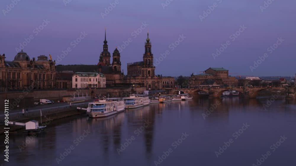 Timelapse from night to day of Elbe river and Dresden skyline Timelapse from night to day of Elbe river and Dresden skyline