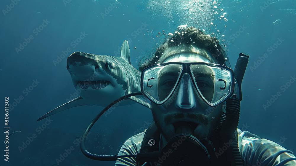 Underwater selfie with scuba diver and shark, travel concept Underwater selfie with scuba diver and shark, travel concept