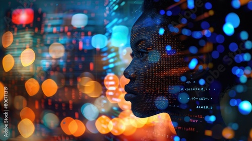  A black woman in profile with computer code and data visualizations overlaying her face, overlaying digital elements © masyastadnikova