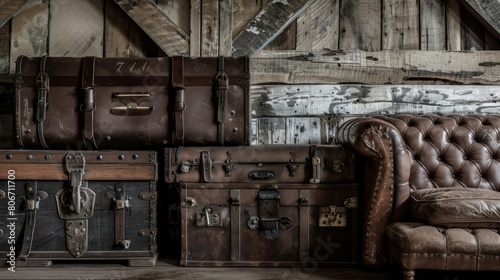 Vintage Leather Suitcases and Classic Chesterfield Armchair by Rustic Wooden Wall