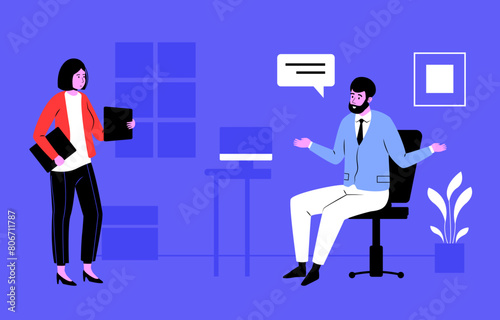 Office workers at workplace, man and woman. Vector of business office illustration, woman at workplace and man working, character person worker