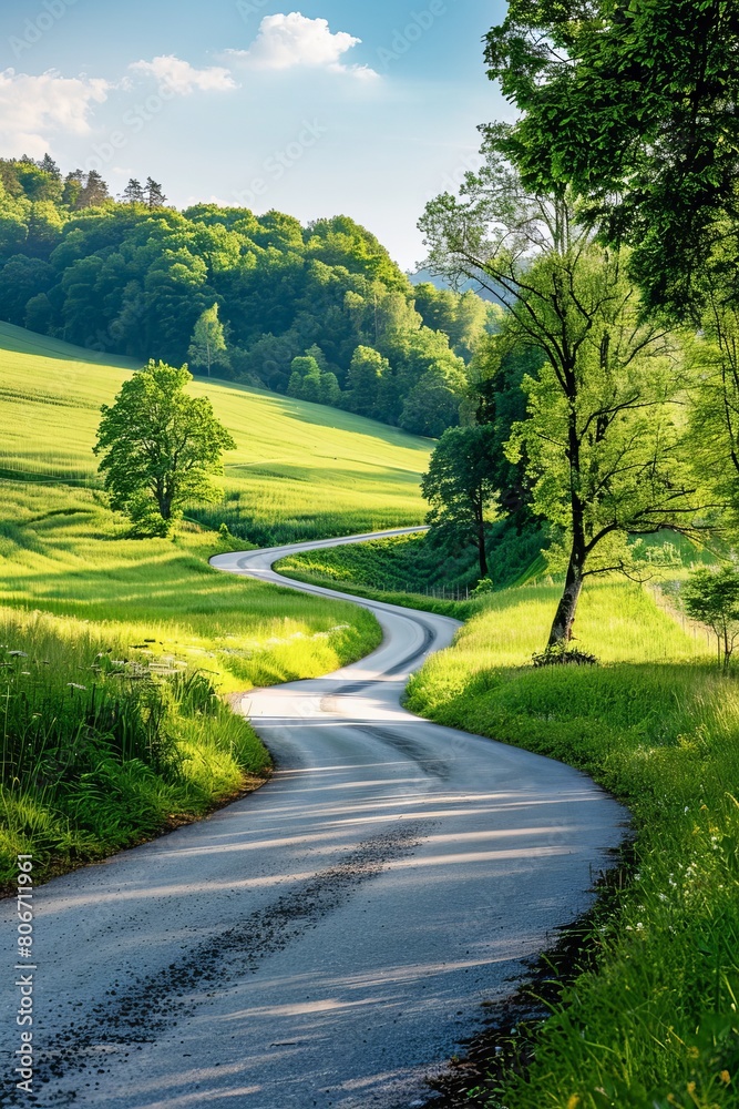 Serene Countryside Road Winding Through Lush Green Fields on a Sunny Day Serene Countryside Road Winding Through Lush Green Fields on a Sunny Day