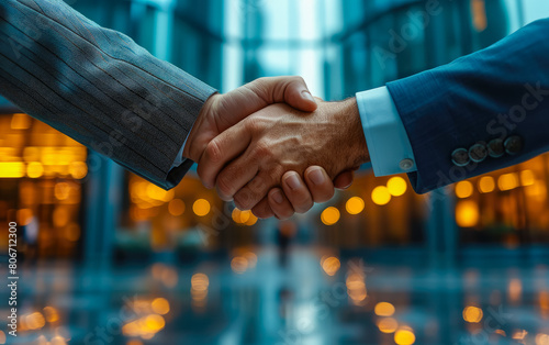 a photo of a professional handshake in front of a corporate building