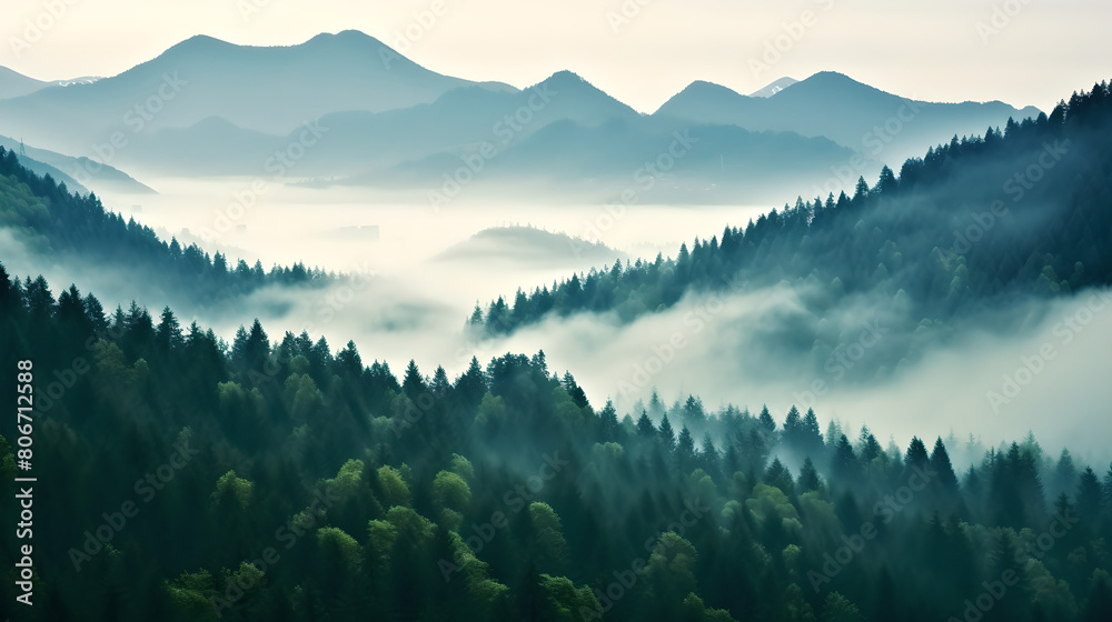 Beautiful Natural landscape background from forest  in mountains with fog, green trees, plants, nature, Pine trees, Foggy atmosphere 