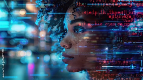  A black woman in profile with computer code and data visualizations overlaying her face, overlaying digital elements