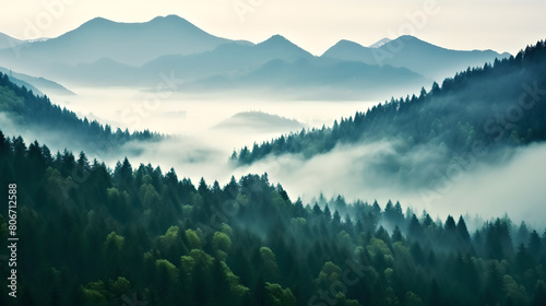 Beautiful Natural landscape background from forest  in mountains with fog, green trees, plants, nature, Pine trees, Foggy atmosphere  © YOUCEF
