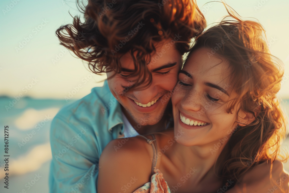 Happy couple hugging on the beach, closeup Happy couple hugging on the beach, closeup