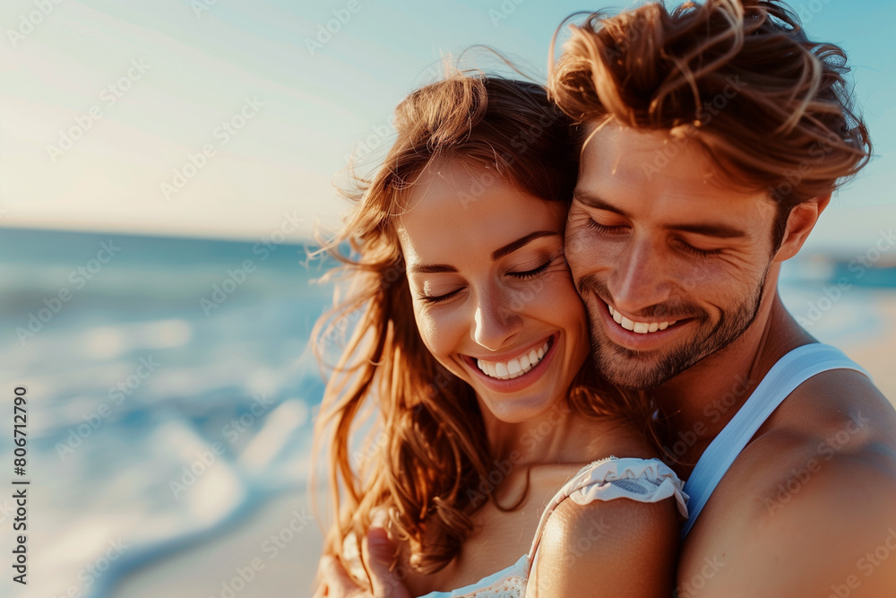 Happy couple hugging on the beach, closeup Happy couple hugging on the beach, closeup