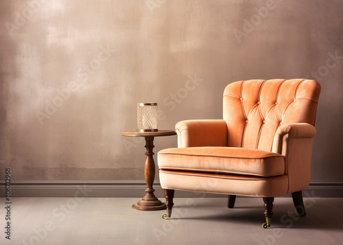 Empty texture beige wall with sunlight and classic armchair - abstract warm interior background
