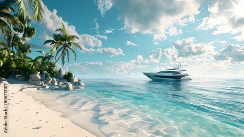  A picturesque beach vista featuring pristine blue waters and a stunning yacht anchored just off the shore. 