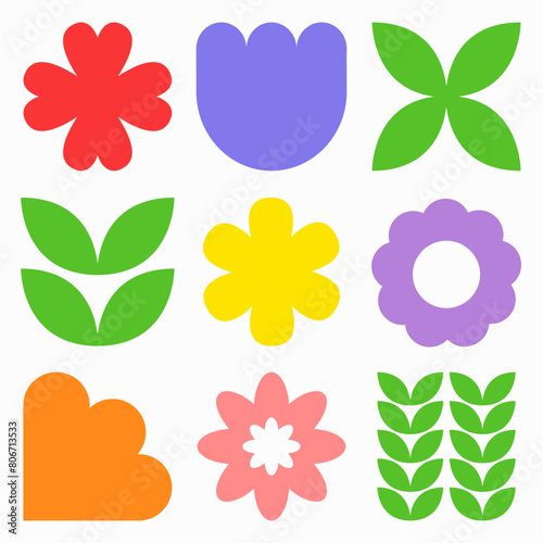 Flower head leaf plant set. Abstract geometric daisy chamomile tulip leaves collection. Cute colorful camomile icon. Growing concept. Simple shape sign symbol. Flat design. White background. Vector © worldofvector