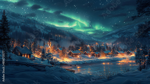 a norwegan norse style artwork of a snowy town, northern lights, forest and lake in background,generative ai © JKLoma