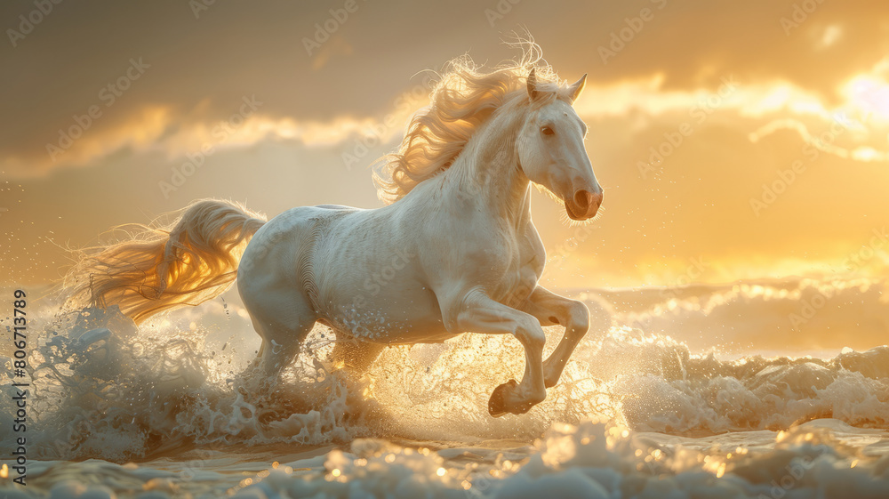 a fantastic beautiful white unicorn jumps through the sky among the clouds at dawn.generative ai a fantastic beautiful white unicorn jumps through the sky among the clouds at dawn.generative ai