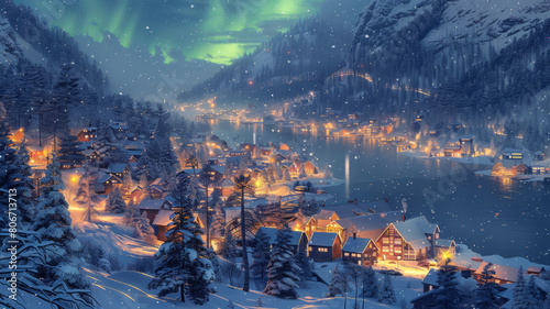 a norwegan norse style artwork of a snowy town, northern lights, forest and lake in background,generative ai © JKLoma