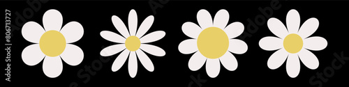 Four white camomile icon. Daisy chamomile flower set. Growing concept. Cute round plant collection. Love card. Sign symbol shape form template card print. Flat design. Black background Isolated Vector © worldofvector