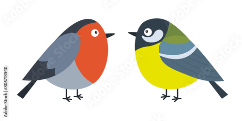 Bullfinch Great Tit red blue yellow feather bird set. Fat round body. Cute cartoon kawaii funny baby character. Winter animal collection. Childish style. Flat design. Isolated. White background Vector © worldofvector